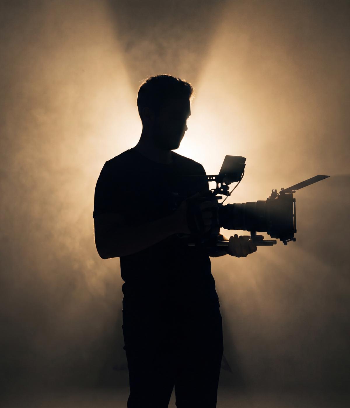 Videograf im Gegenlicht mit Kamera